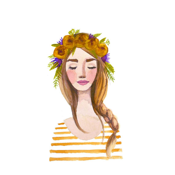 570x570 Yellow Flower Crown Girl Print Of Watercolor Painting. Braid - Flower Crown Watercolor