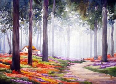 375x271 Flower Garden Inside A Forest Watercolor On Paper Painting - Flower Garden Watercolor