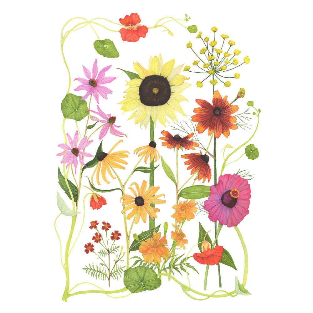 1000x1000 Summer Flower Garden Watercolor Painting My Giant Strawberry - Flower Garden Watercolor