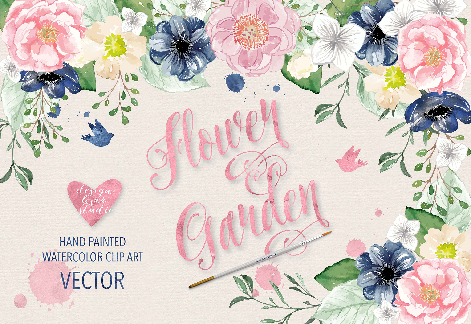2000x1375 Vector Watercolor Navy Blue And Pink Flower Garden Clipart - Flower Garden Watercolor