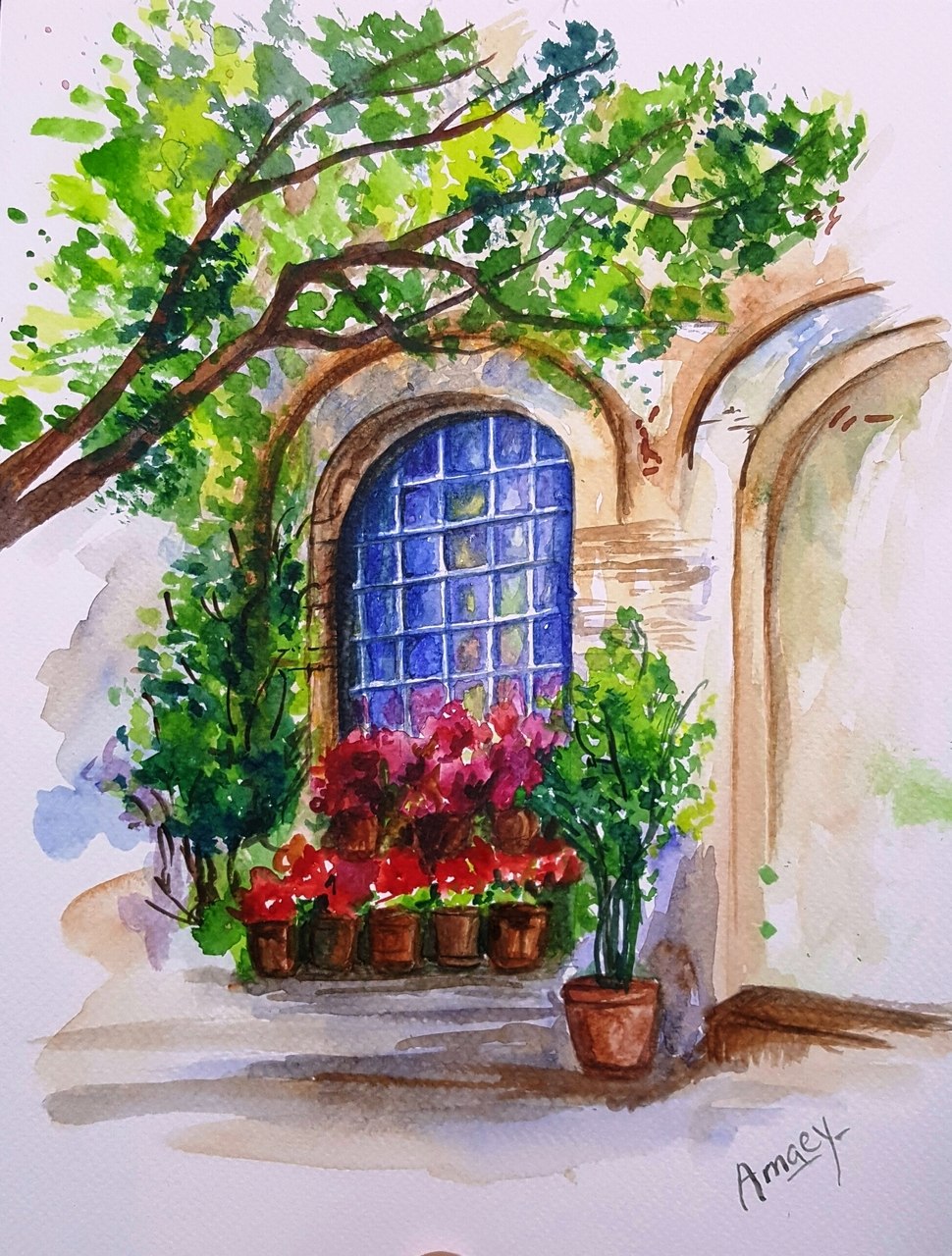 970x1280 Buy The Arched Window Handmade Painting By Amaey Parekh. Code - Flower Garden Watercolor