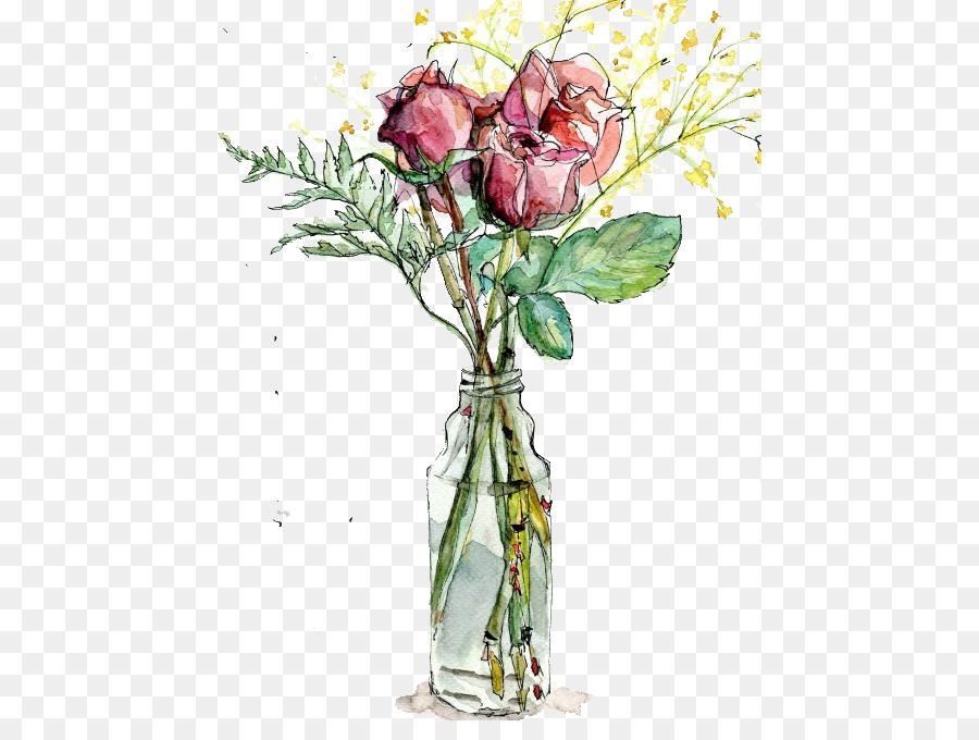 900x680 Garden Roses Vase Watercolor Painting Drawing Illustration - Flower Vase Watercolor