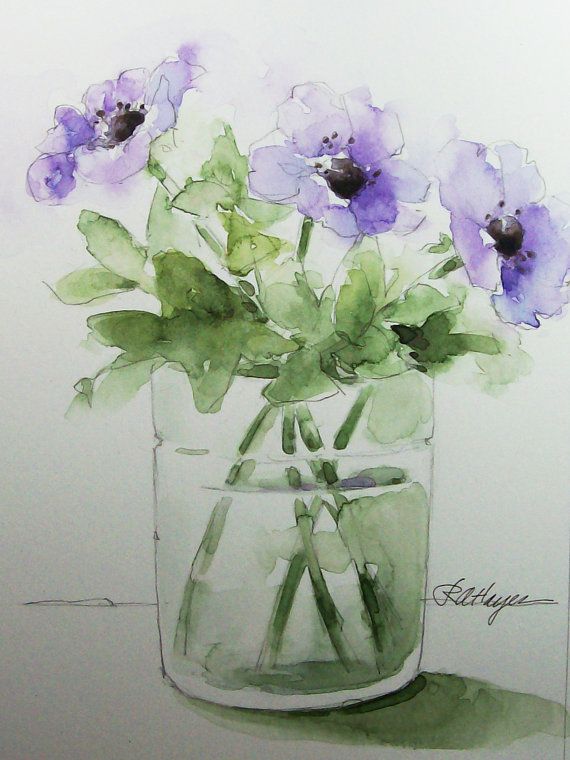 570x760 Purple Flowers In Glass Vase Original Watercolor Painting Floral - Flower Vase Watercolor