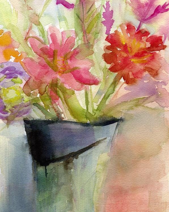 596x745 Zinnias In A Vase Watercolor Paintings Of Flowers Poster By - Flower Vase Watercolor