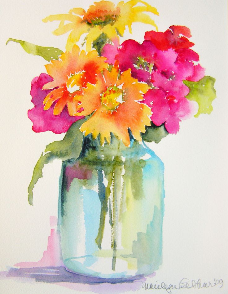 736x948 Pink, Orange, Yellow Flowers In Mason Jar Vase - Flower Watercolor Art