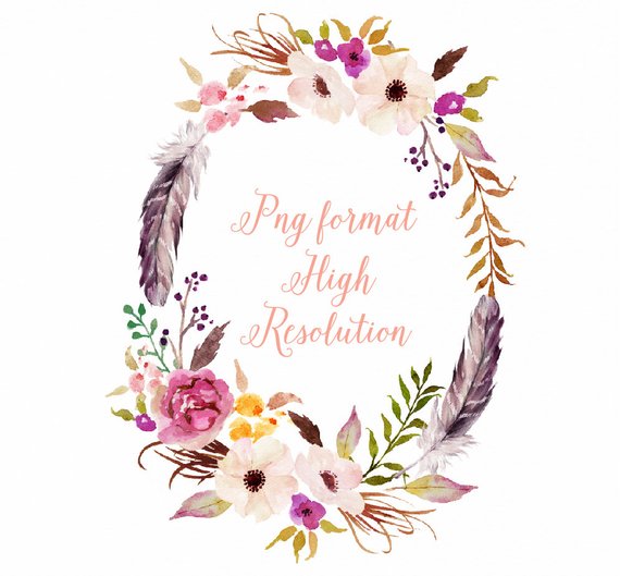 570x529 Watercolour Flower Wreath With Feather Individual Png Files Etsy - Flower Wreath Watercolor