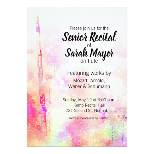 540x540 Senior Flute Recital Colorful Watercolor Design Invitation - Flute Watercolor
