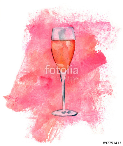 422x500 Watercolor Flute Glass Of Sparkling Rose Wine With Texture Stock - Flute Watercolor