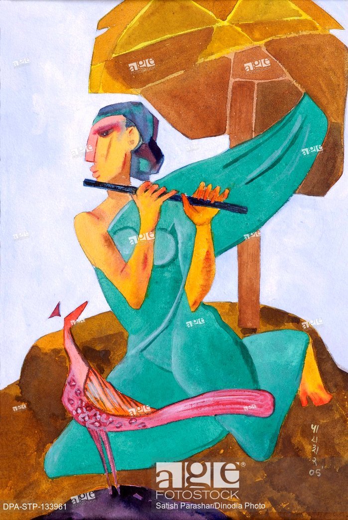 699x1044 Woman Playing Flute Watercolor On Handmade Paper, Stock Photo - Flute Watercolor