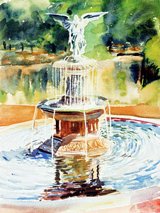 226x300 Bathesda Fountain Painting By Mark Lunde - Fountain Watercolor