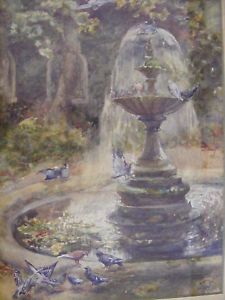 225x300 Signed Watercolor Of Pigeons Around A Fountain Impressionist - Fountain Watercolor