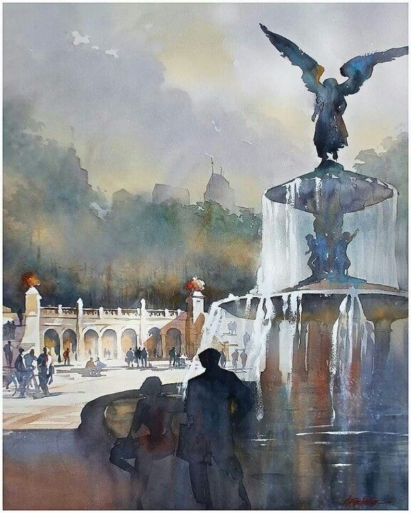 577x720 Watercolor City Fountain Water + Color In 2018 - Fountain Watercolor