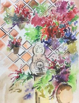 277x360 Floral Fountainwatercolor Painting - Fountain Watercolor