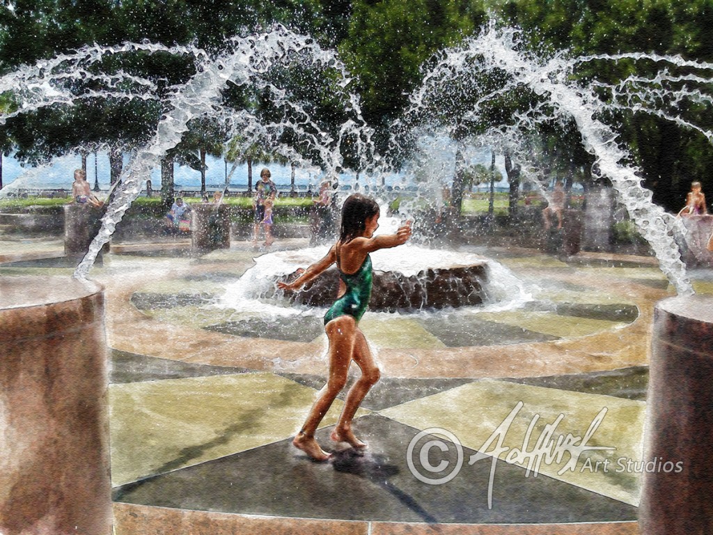 1024x768 Fountain Dancer Watercolor Charleston By Adam Hurst Art Studios - Fountain Watercolor