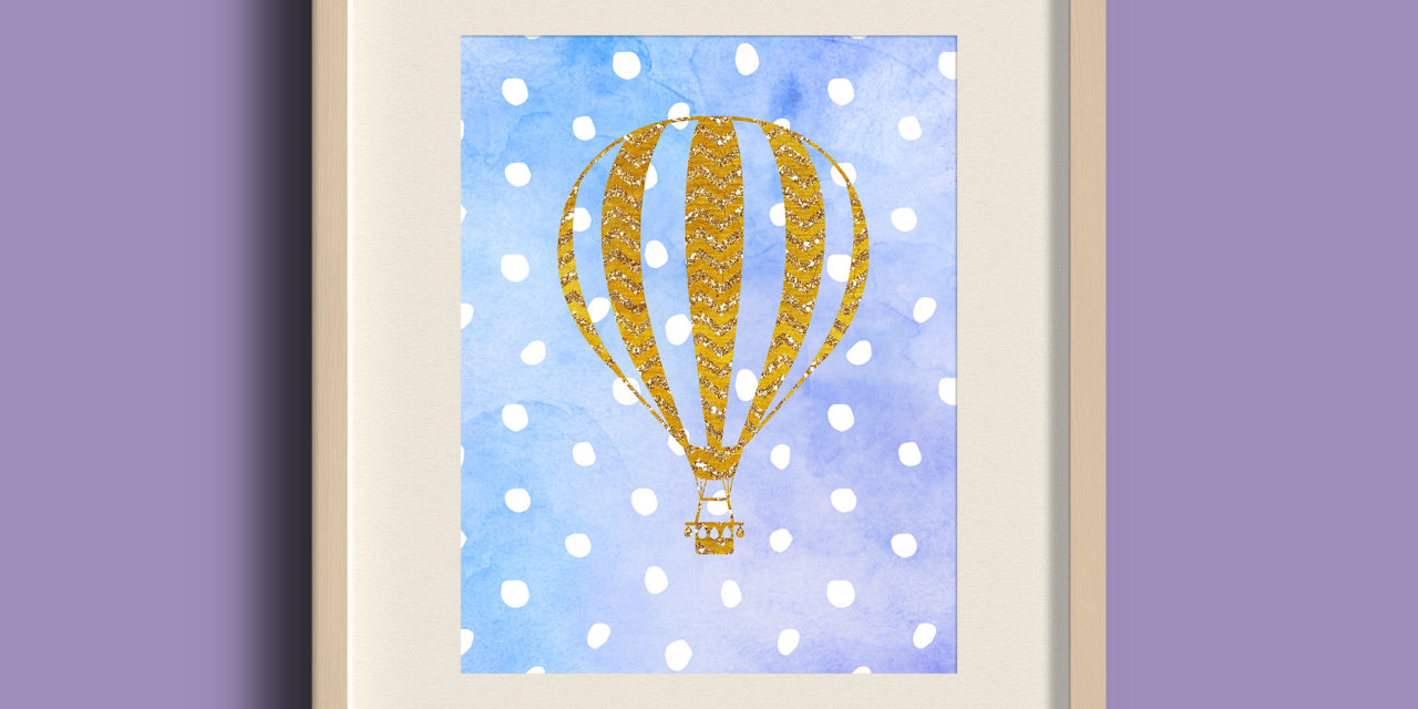 1280x640 Free Printable Golden Air Balloon On Blue Watercolor Background - Free Printable Watercolor Art