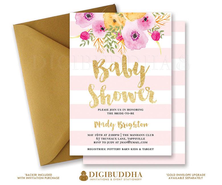 780x650 Pink Stripes Baby Shower Invitation Gold Glitter Painterly - Free Printable Watercolor Flowers