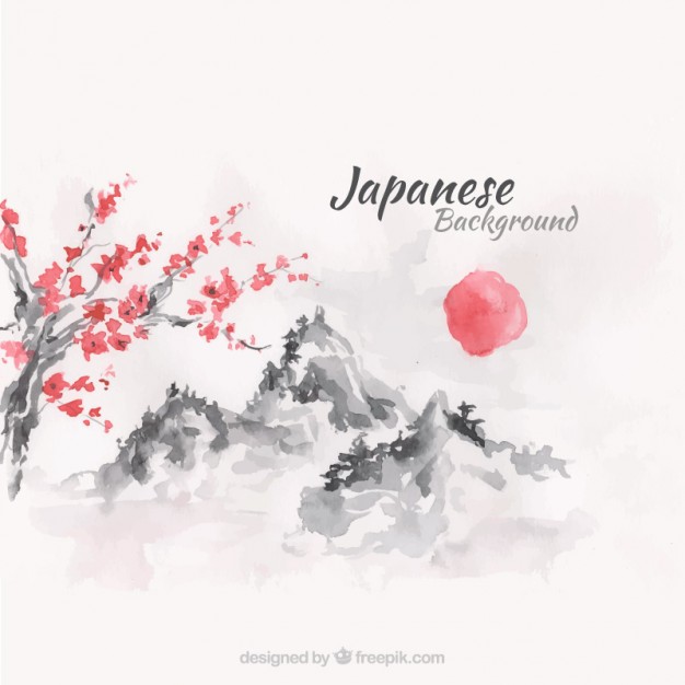 626x626 Sunset Japanese Landscape Background In Watercolor Effect Vector - Free Watercolor Effect