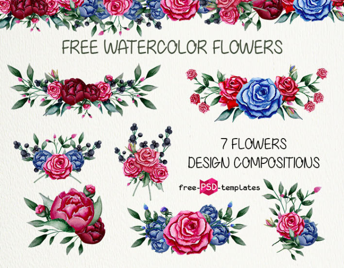708x551 Set Of Free Watercolor Flowers Elements - Free Watercolor Elements