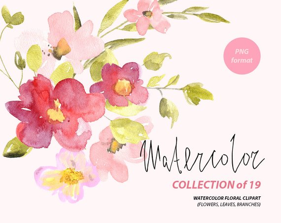 570x452 Watercolor Flower Clipart 19 Red Amp Pink Flowers Aquarelle Etsy - Free Watercolor Flower Clipart