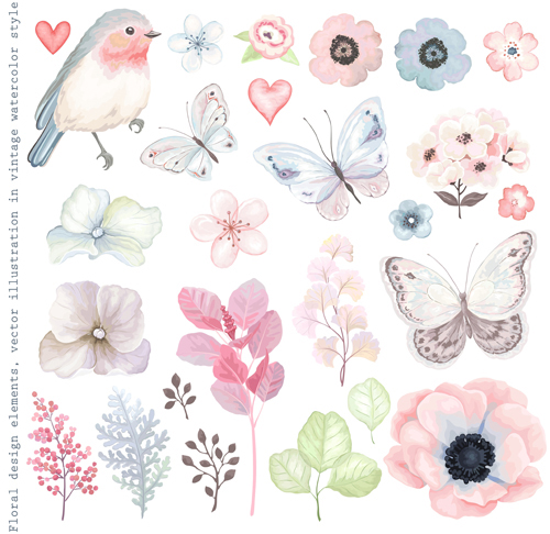 500x486 Elegant Flower With Butterfly And Bird Watercolor Vector Free Download - Free Watercolor Vector