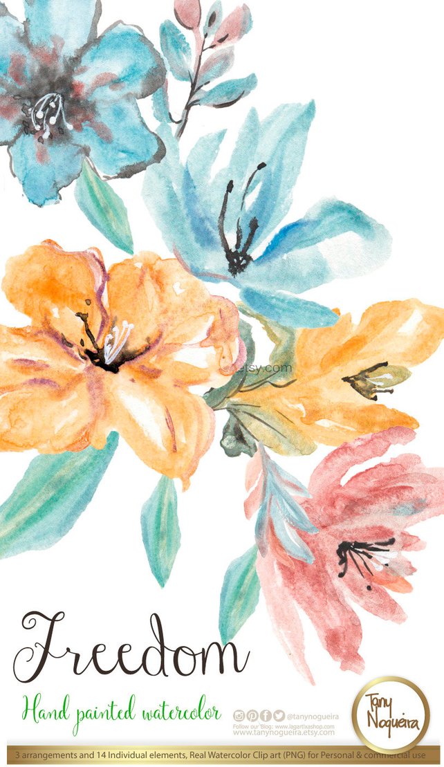 642x1109 Freedom Watercolor Floral Wedding Elements Clipart Png Etsy - Freedom Watercolor