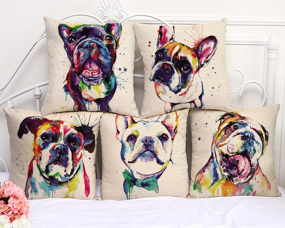 1000x800 French Bulldog Watercolor Paint Work Sofa Pillow Cases Cushion Cover - French Bulldog Watercolor