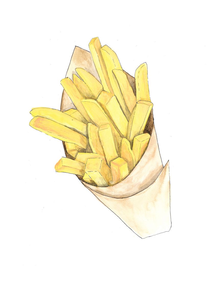849x1169 French Fries Paper Cone Hand Drawn Watercolor Illustration By - French Fries Watercolor