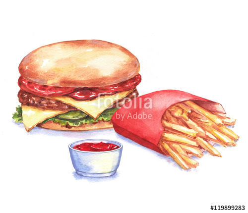 500x430 Hand Drawn Watercolor Fast Food Illustration. Drawing Of The - French Fries Watercolor