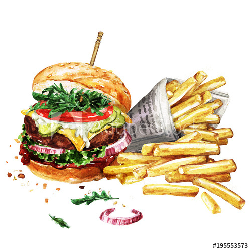 500x500 Traditional Hamburger With Fries. Watercolor Illustration. - French Fries Watercolor