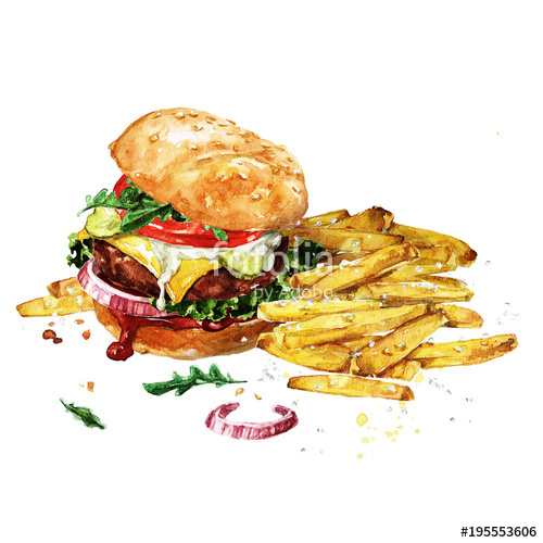 500x500 Traditional Hamburger With Fries. Watercolor Illustration. Stock - French Fries Watercolor
