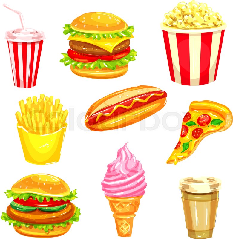 780x800 Fast Food And Drinks Watercolor Illustration Set. Hamburger - French Fries Watercolor