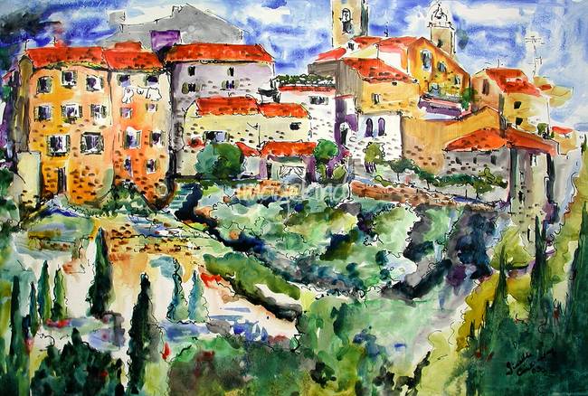 650x438 French Hillside Village Provence Watercolor Ginett By Ginette Callaway - French Watercolor