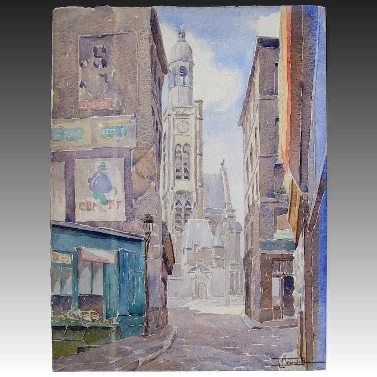 740x740 Vintage 50s French Watercolor Painting Provincial Street Fruit - French Watercolor