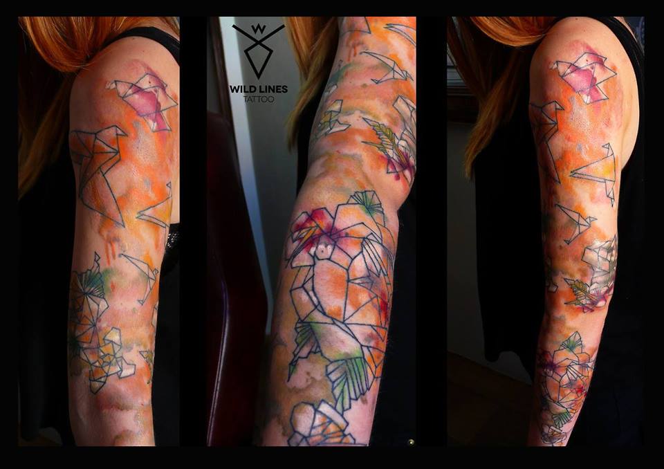 960x678 Watercolor Paper Birds And Flowers Tattoo On Girl Left Full Sleeve - Full Watercolor