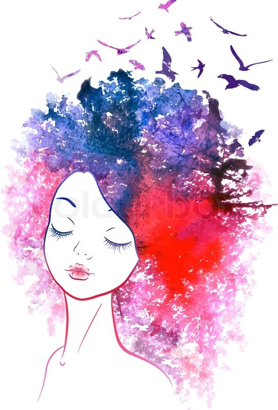 542x800 Seasons Pretty Girl. Birds In Her Hair. Watercolor Illustration - Galaxy Girl Watercolor