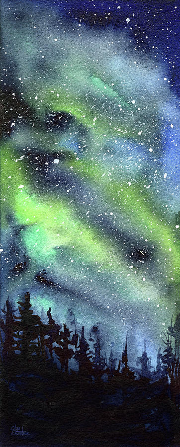 362x900 Galaxy Watercolor Nebula Northern Lights Painting By Olga Shvartsur - Galaxy Watercolor Painting