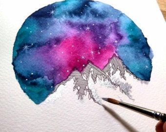 340x270 Mountains Watercolor Painting Blue Galaxy Art By Skyesartworks - Galaxy Watercolor Painting
