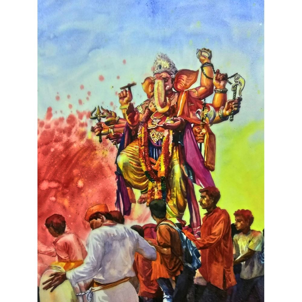 1000x1000 Ganesha Visarjan (Watercolor Painting Depicting The Last Day Of - Ganesha Watercolor