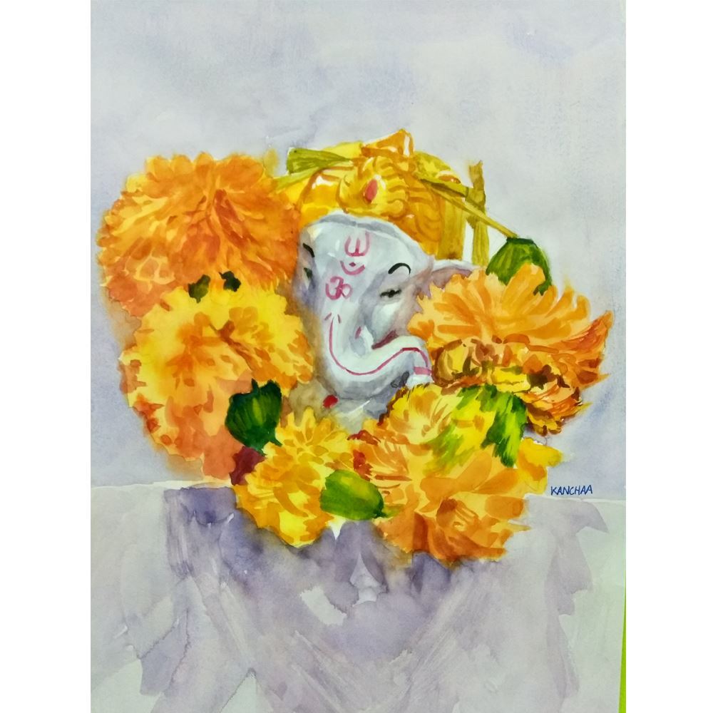 1000x1000 Ganesha With Garland Ii ( Painted With Watercolor) - Ganesha Watercolor