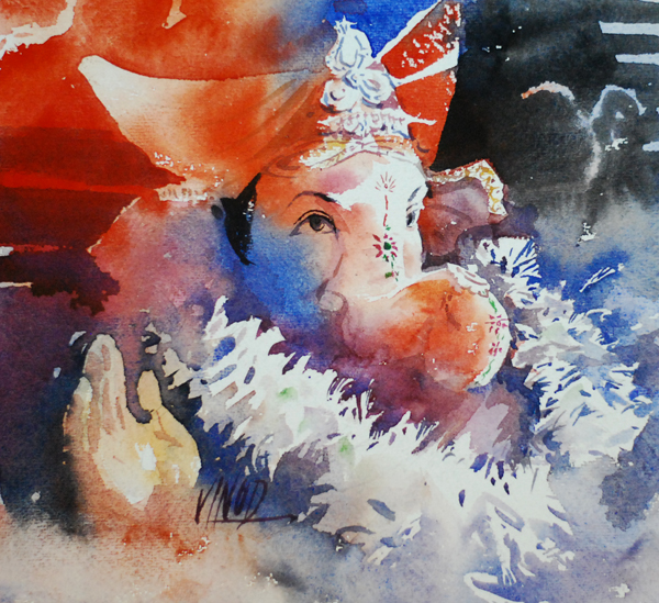 600x549 Vinod More A Painter Ganesh - Ganesha Watercolor Painting