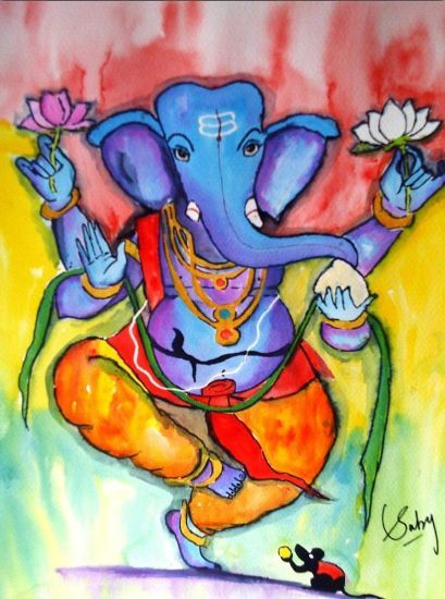 409x550 Paintings Of Ganesha In Dance - Ganesha Watercolor Painting