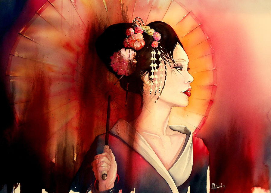 900x642 Geisha Painting By Fabien Petillion - Geisha Watercolor