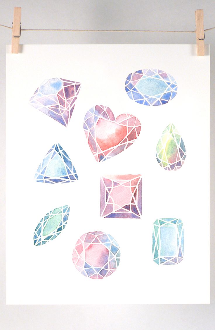 736x1128 Gemstones Art Print Of Watercolor Painting - Gemstone Watercolor