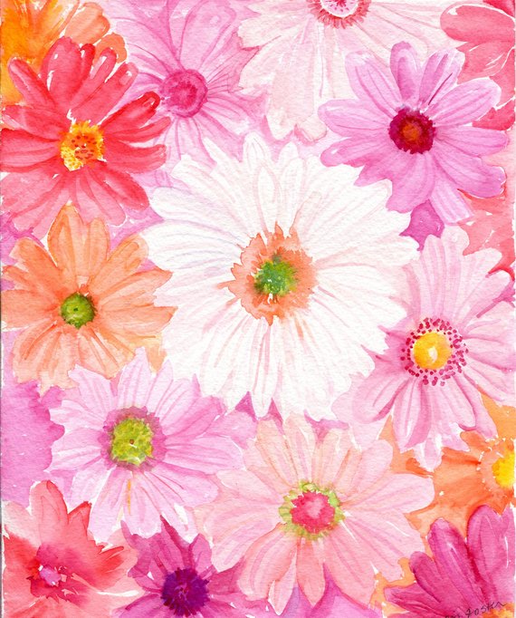570x682 Original Gerbera Daisies Watercolor Painting Pink Coral Etsy - Gerbera Daisy Watercolor