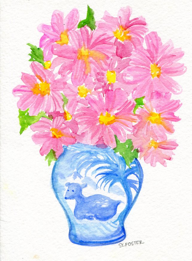 642x870 Gerbera Daisies Watercolor Painting Original Blue And White Etsy - Gerbera Daisy Watercolor