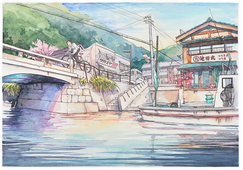 800x561 Bicycle Boy Watercolor Series Inspired By Studio Ghibli - Ghibli Watercolor