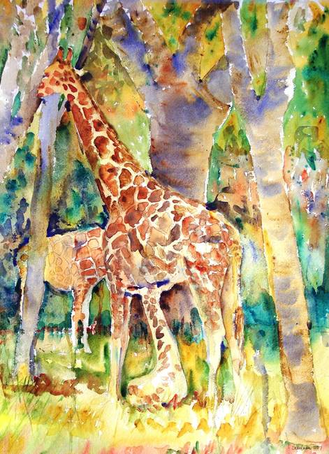 471x650 Giraffe Park, Abstract Watercolor Painting By Miriam Schulman - Giraffe Watercolor