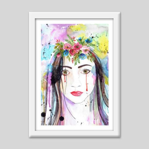 480x480 Woman Crying Sad Face Watercolor Girl Portrait Colorful Fashion - Girl Face Watercolor