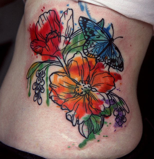 600x618 Nice Gladiolus With Butterfly Watercolor Tattoo For Girls - Gladiolus Watercolor Tattoo
