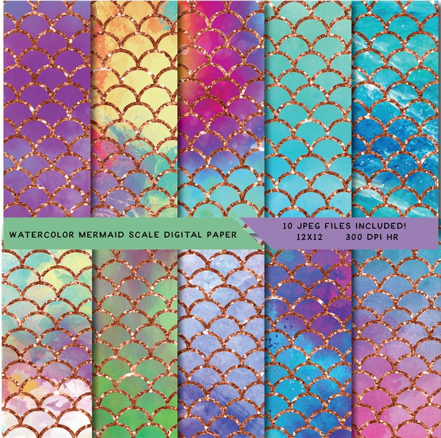 642x638 Mermaid Scale Digital Paper Glitter Watercolor Digital Etsy - Glitter Watercolor